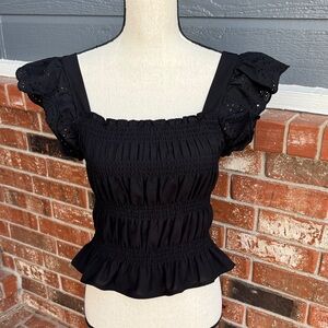 Sunburst Kiss Black Smocked Crop Top Square Neck Ruffle Sleeve Cottagecore S